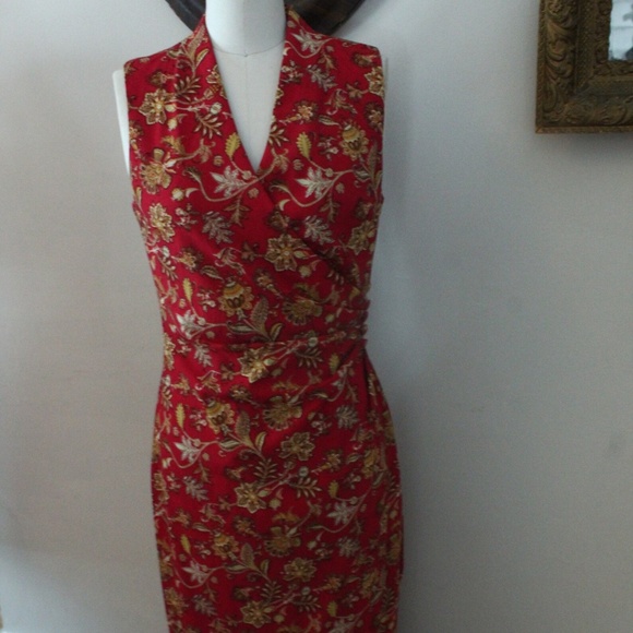 1990's Red and Gold David Warren Wrap Style Dress - Picture 1 of 6
